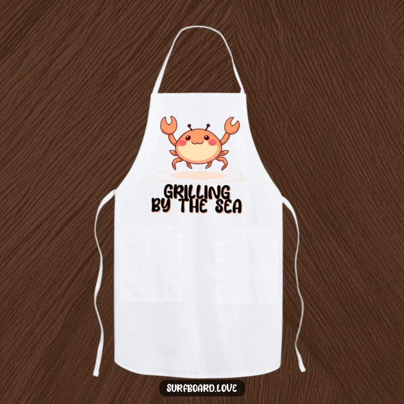 Funny happy crab with tiny legs skipping across wet sand, printed on a humorous kitchen apron.