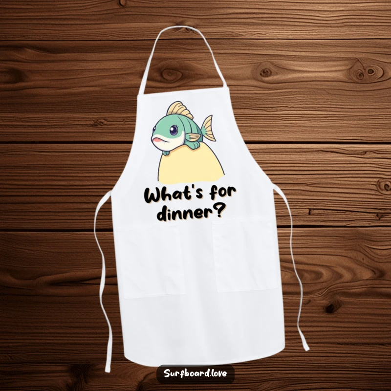 Funny fish peeking over a surfboard edge on a kitchen apron for humorous cooking.