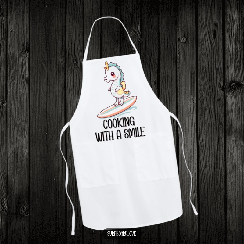 Funny giggling seahorse balancing on a surfboard on a kitchen apron for humorous cooking.