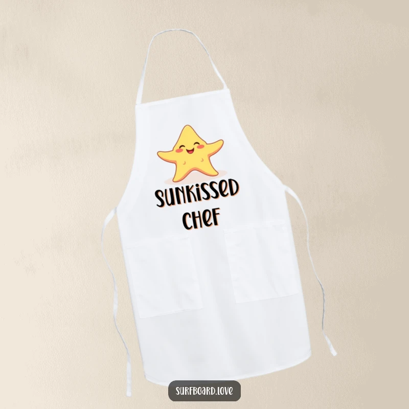 Funny smiling starfish with arms outstretched catching a sunbeam, printed on a humorous kitchen apron.