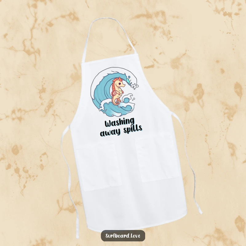 Funny cute seahorse with tiny legs riding an ocean wave, printed on a humorous kitchen apron.