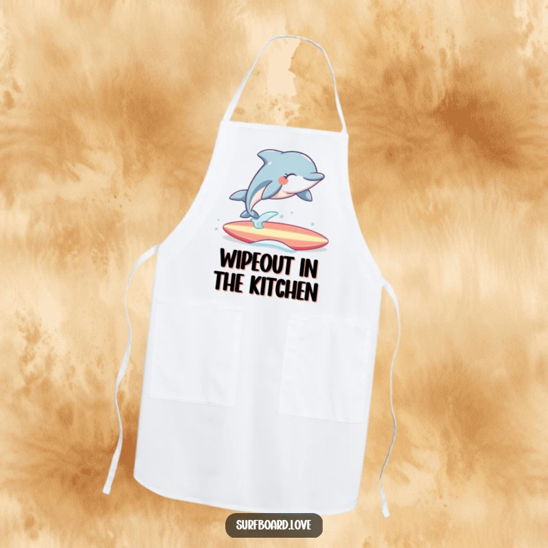 Funny Apron: Cheerful dolphin with eyes closed joyfully leaps over a surfboard, making this a hilarious and practical kitchen accessory.
