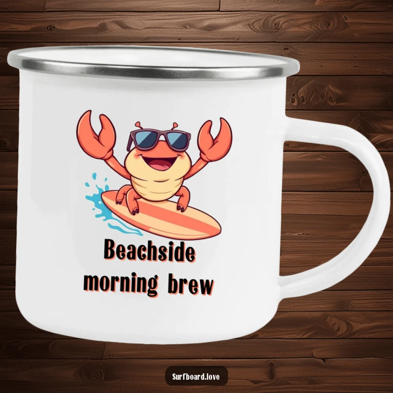 Funny camping mug with a happy crab wearing sunglasses, surfing a surfboard, ideal for humorous sips during outdoor adventures.