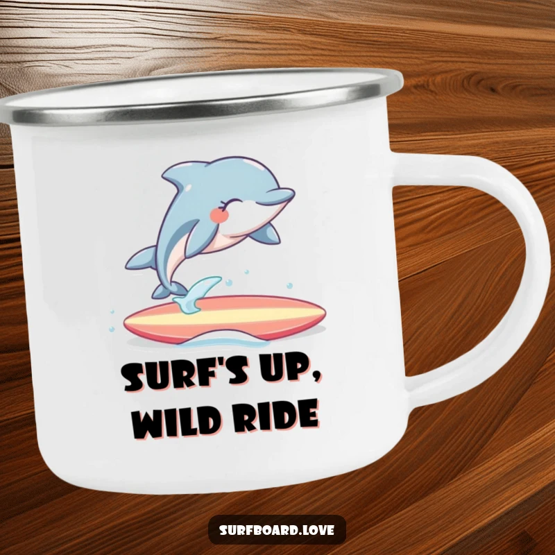 Funny Camping Mug: Cheerful dolphin with eyes closed joyfully leaps over a surfboard, perfect for outdoor adventures and humor.