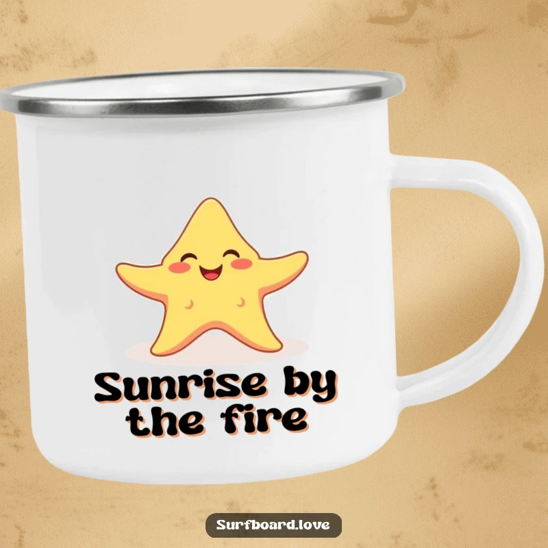 Funny smiling starfish with arms outstretched catching a sunbeam, designed on a humorous camping mug.
