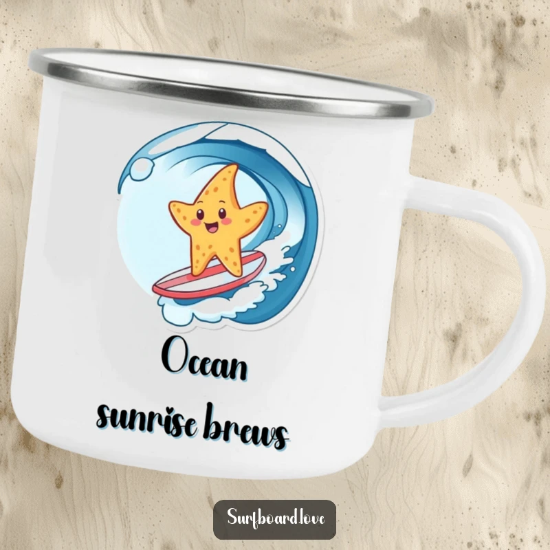 Funny camping mug with a cheerful starfish surfing a wave on a tiny surfboard, ideal for humorous sips during outdoor beach adventures.