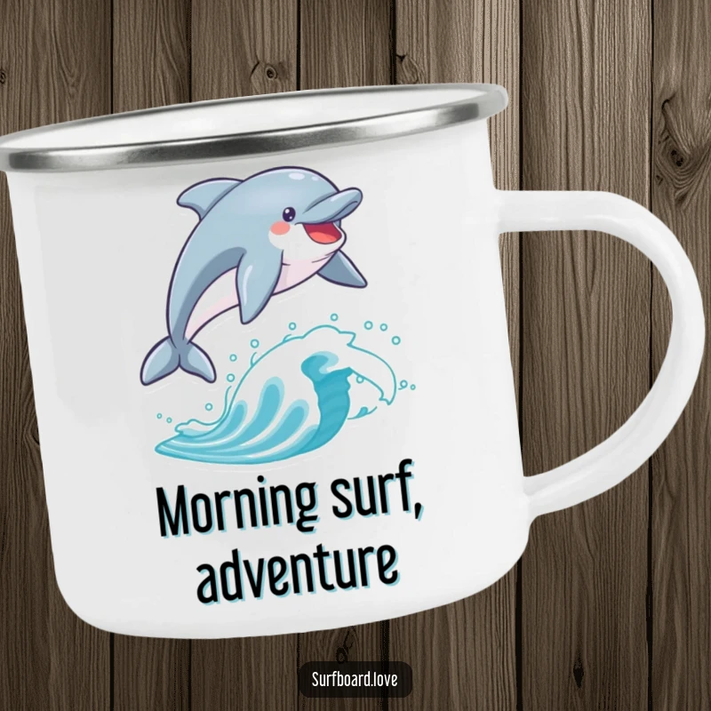 Funny dolphin soaring over a surfboard on a durable camping mug, perfect for outdoor fun.