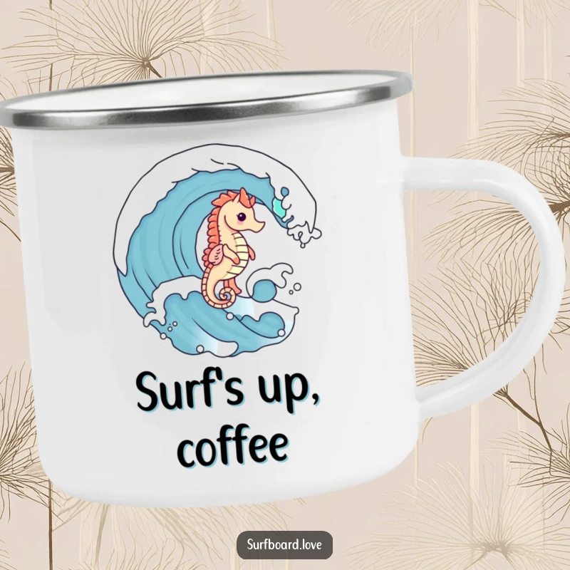 Funny cute seahorse with tiny legs riding an ocean wave, designed on a humorous camping mug.