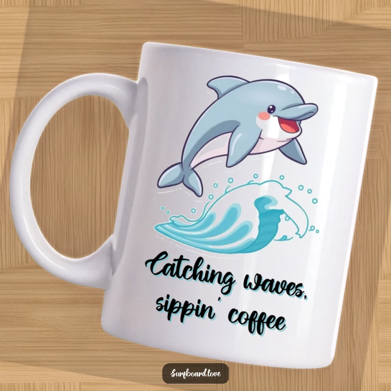 Funny dolphin leaping joyfully over a surfboard, illustrating a playful and energetic ocean adventure. Perfect for beach vibes.