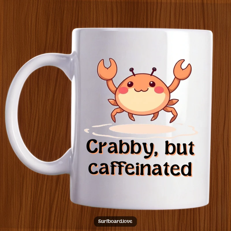Funny happy crab with tiny legs comically skipping across wet sand, depicted on a humorous mug.