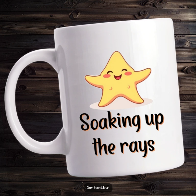 Funny smiling starfish with arms wide open happily catching a bright sunbeam, depicted on a humorous mug.