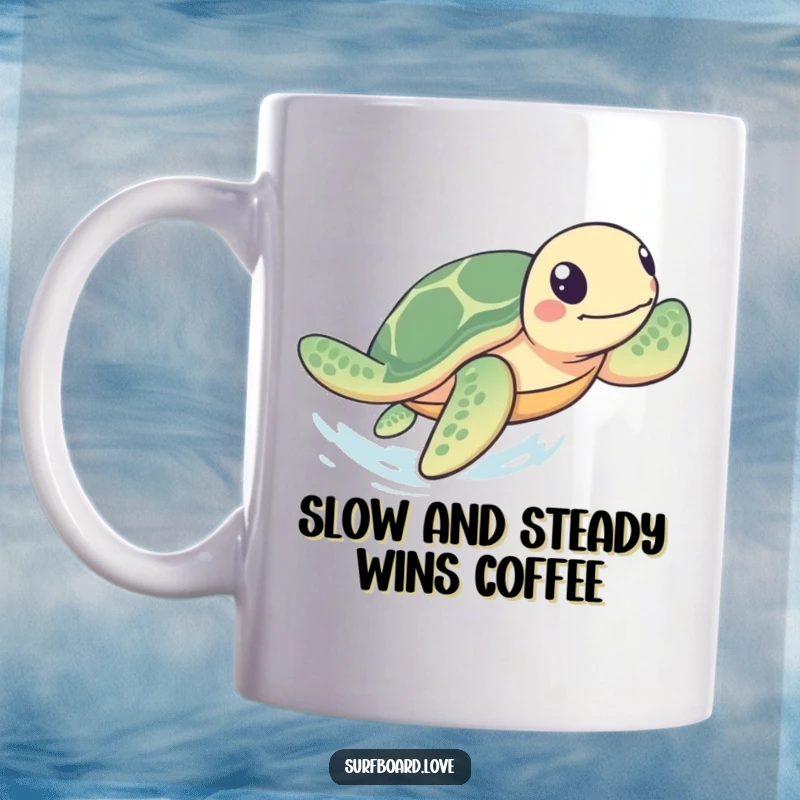 Funny Mug: A playful sea turtle with flippers paddles rapidly towards the shore, showcasing determination and a funny sense of urgency.