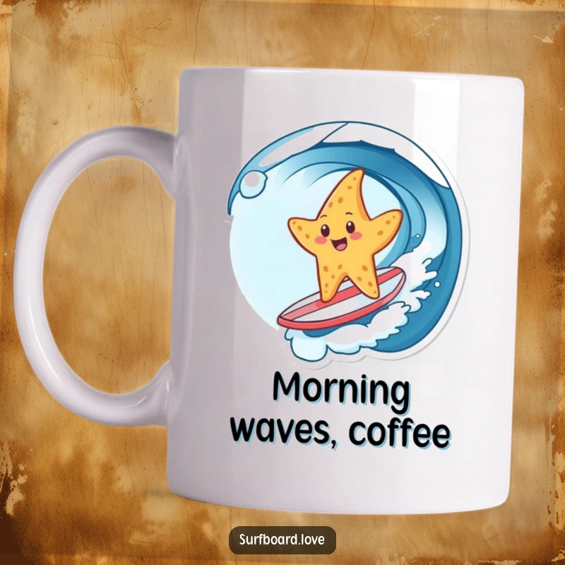 Funny mug featuring a cheerful starfish gleefully riding a wave on a tiny surfboard, capturing pure beachy fun and humor.