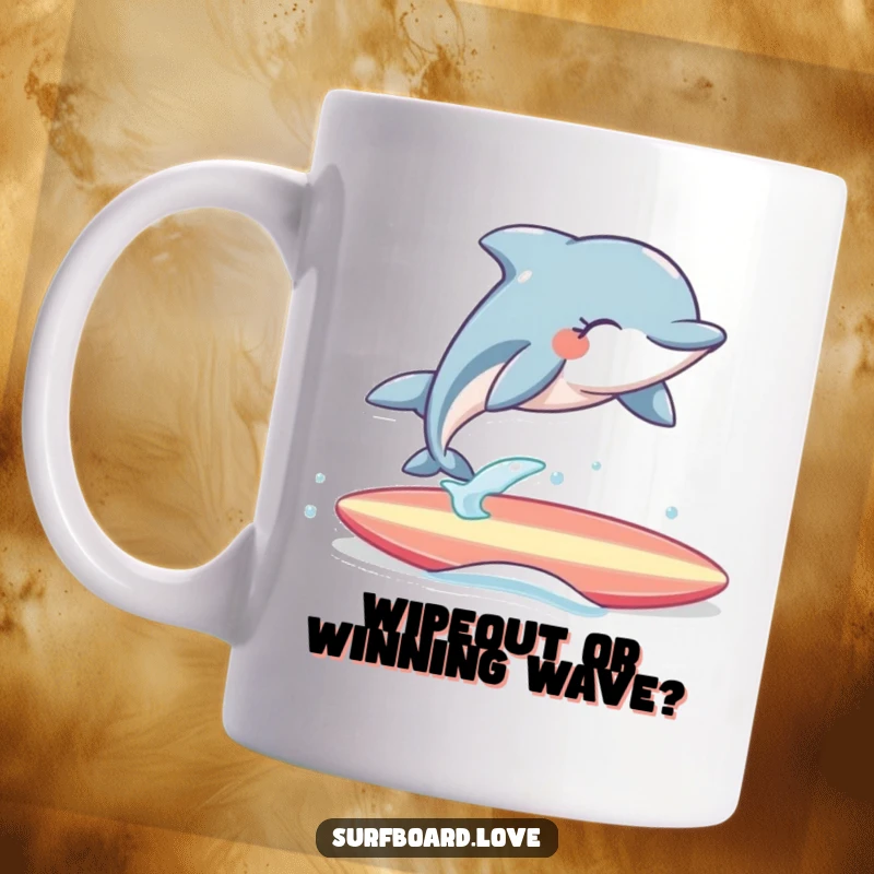 Funny Mug: Cheerful dolphin with eyes closed, joyfully leaping over a surfboard, embodying pure beachy bliss and surfing fun.