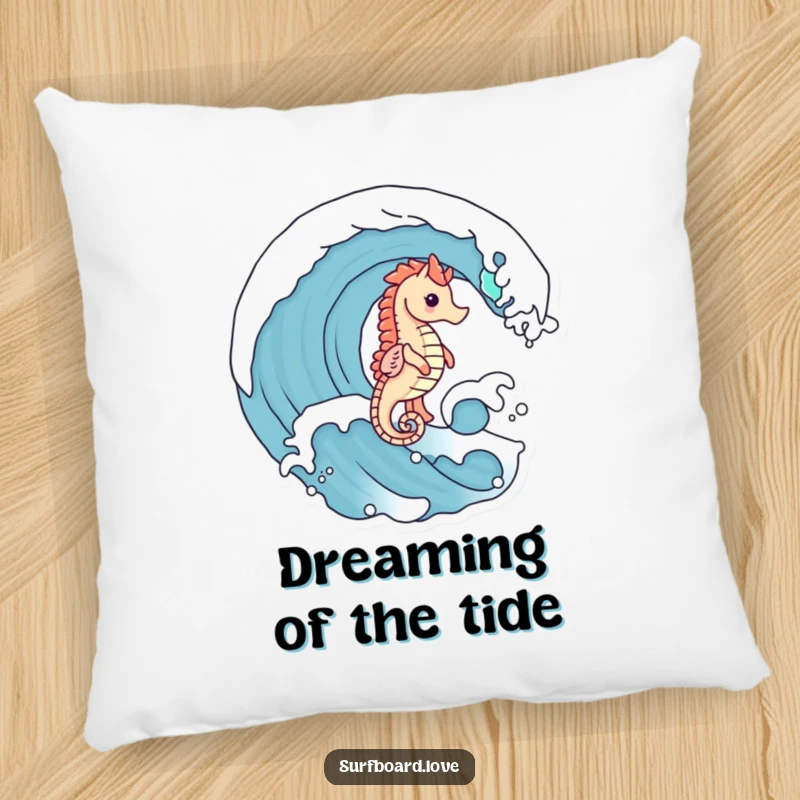 Funny cute seahorse with tiny legs riding a cresting wave, featured on a soft, humorous throw pillow.
