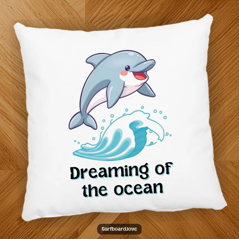 Funny dolphin executing a spectacular leap over a surfboard on a soft pillow. Cozy and comical.