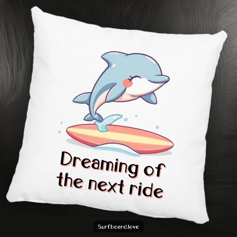 Funny Pillow: A cheerful dolphin with eyes closed joyfully leaps over a surfboard, bringing cozy humor and beach vibes.