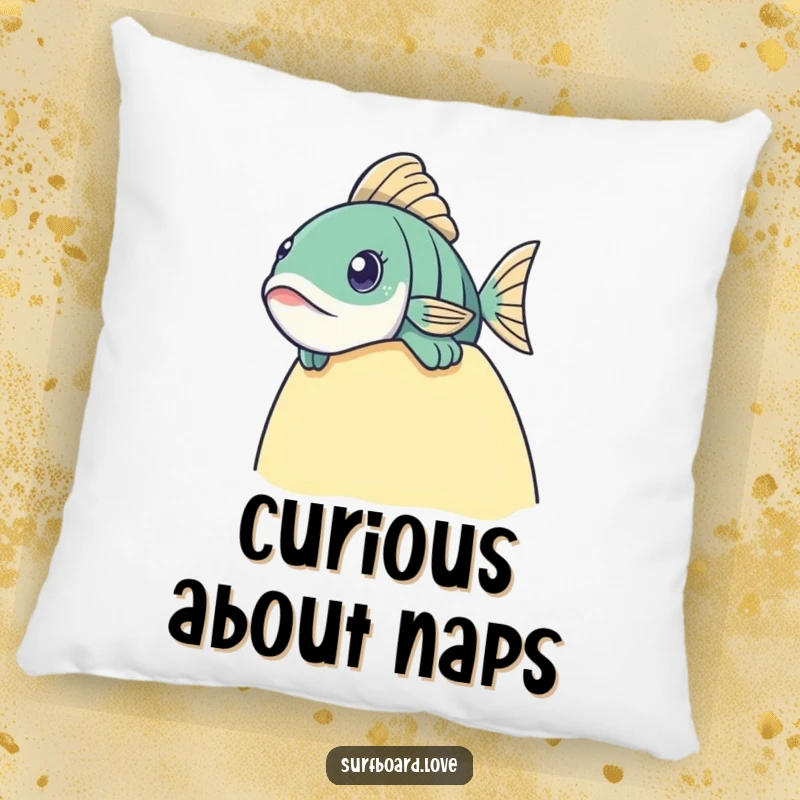 Funny fish peeking over a surfboard edge on a soft and cozy pillow.