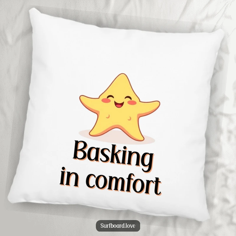 Funny smiling starfish with arms outstretched catching a sunbeam, featured on a soft, humorous throw pillow.