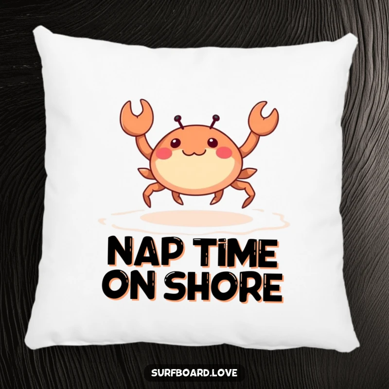 Funny happy crab with tiny legs skipping across wet sand, featured on a soft, humorous throw pillow.