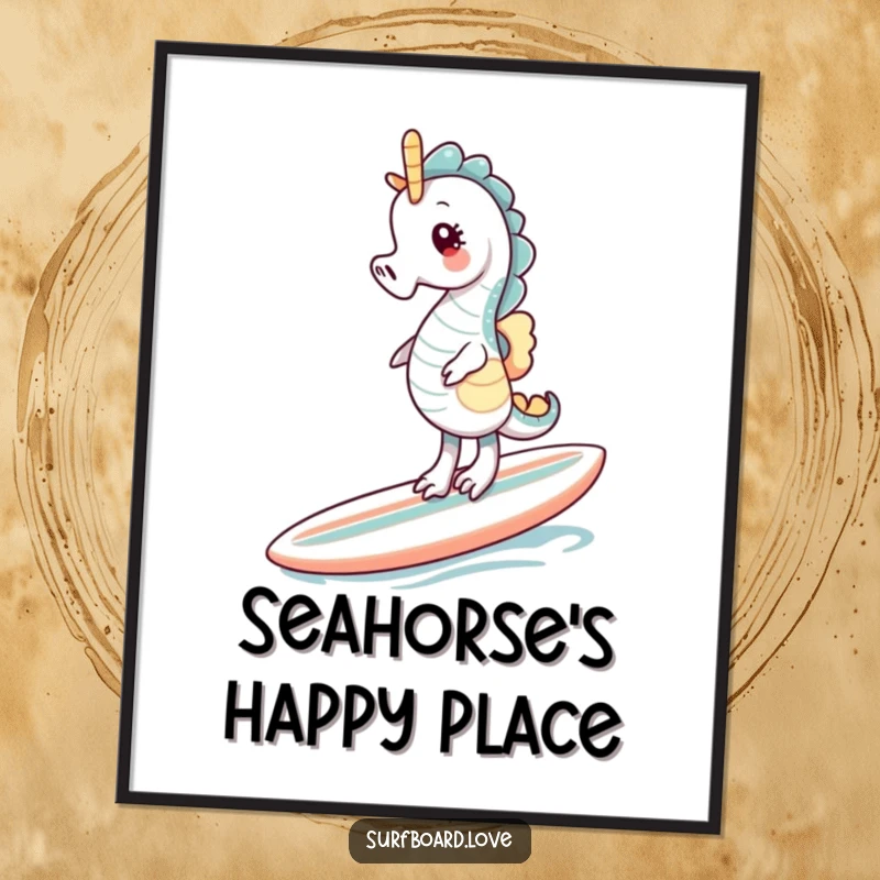 Funny giggling seahorse balancing on a surfboard, high-resolution digital art for instant amusement.