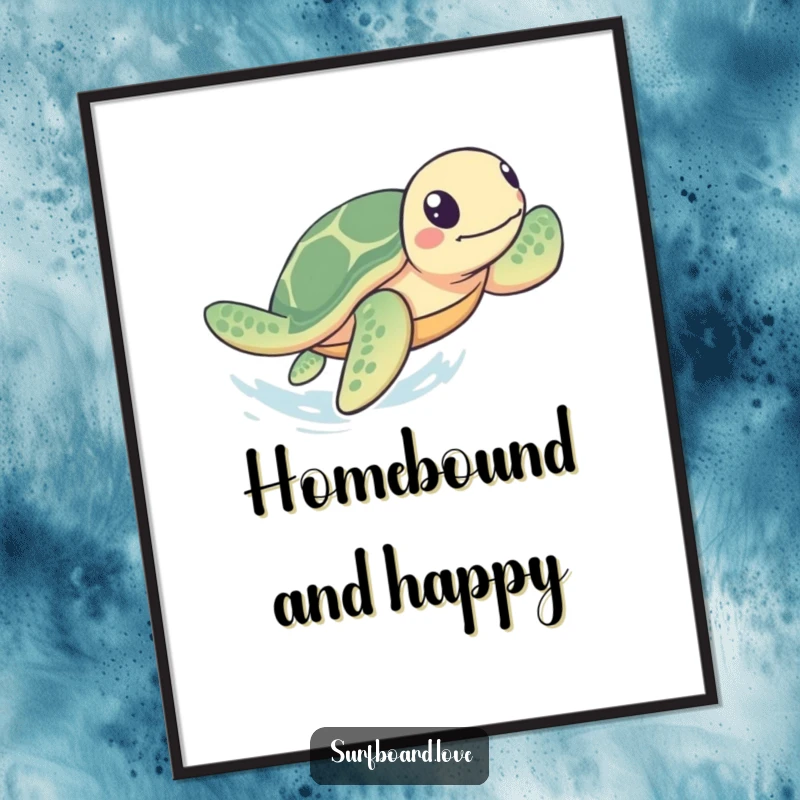 Funny Digital Art Print: A playful sea turtle paddles rapidly towards shore, conveying speed and humor in a charming ocean artwork.