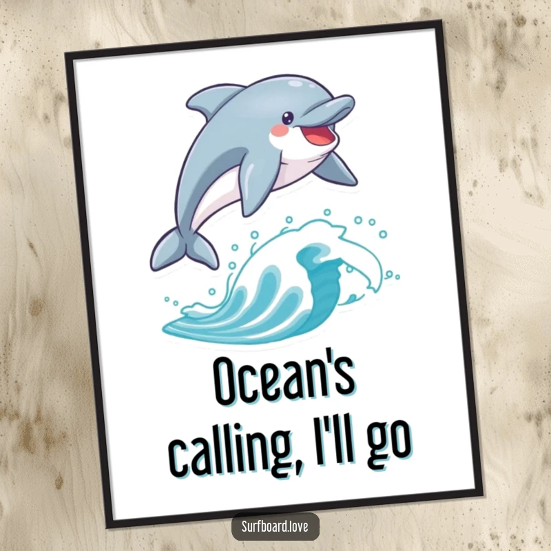 Funny dolphin captured mid-leap over a surfboard, high-resolution digital art for instant joy.