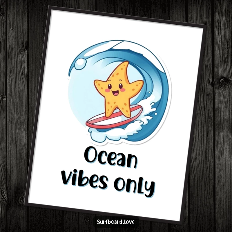 Funny digital art print of a cheerful starfish surfing a wave on a tiny surfboard, perfect for adding humorous and vibrant beach decor.