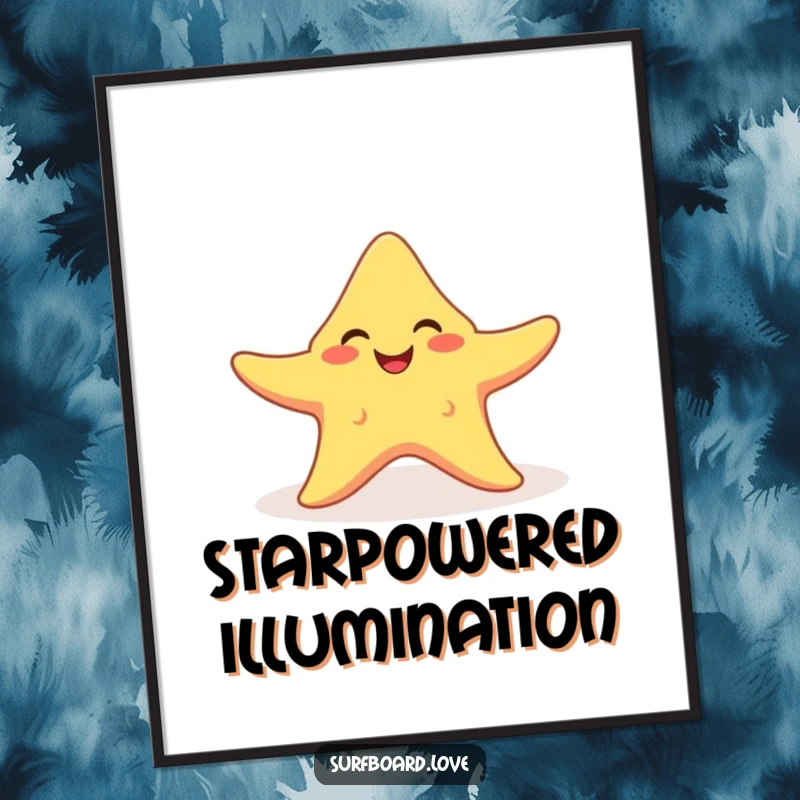 Funny smiling starfish with arms open, catching a sunbeam, as humorous digital art.