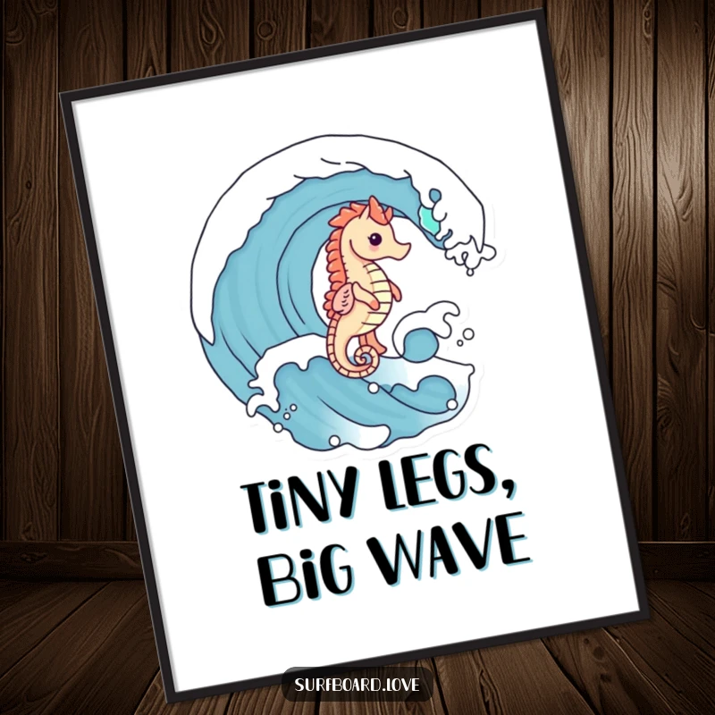 Funny cute seahorse with tiny legs riding a wave, as humorous digital art.