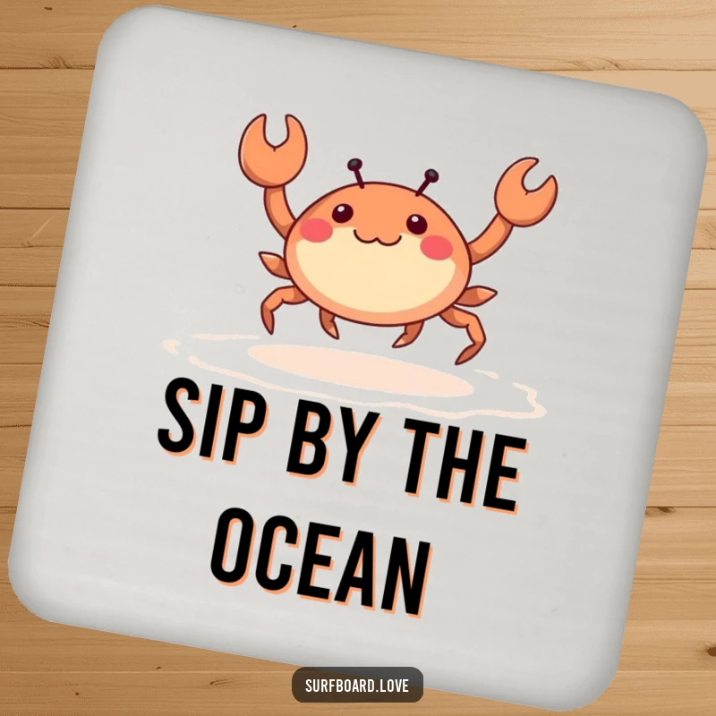 Funny happy crab with tiny legs skipping across wet sand, designed as a humorous drink coaster.