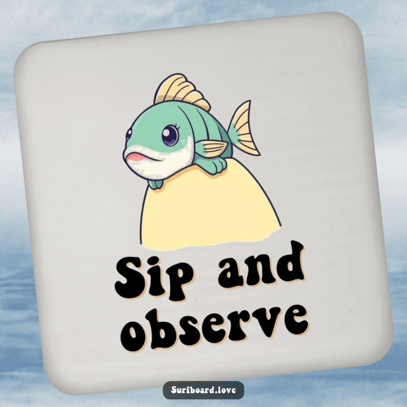 Funny fish peeking over a surfboard edge on a drink coaster, adding whimsy to tabletops.