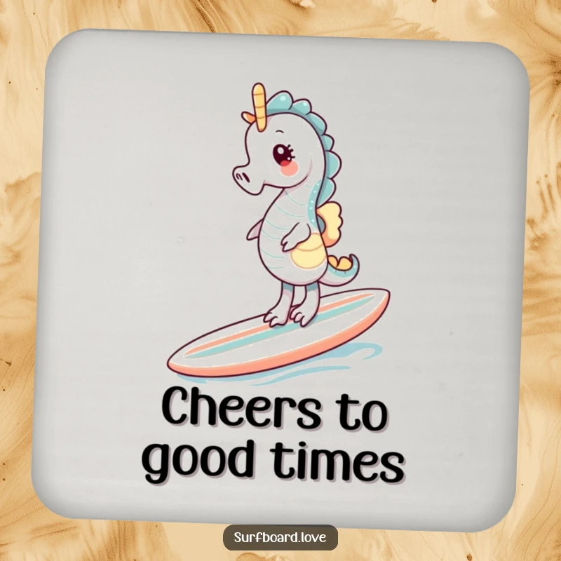 Funny giggling seahorse on a surfboard on a drink coaster, adding whimsy to tabletops.