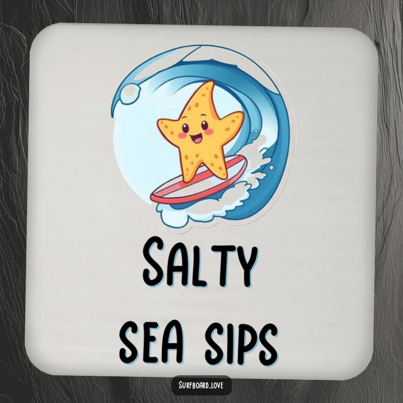 Funny drink coaster with a cheerful starfish surfing a wave on a tiny surfboard, protecting surfaces with humorous beachy flair.