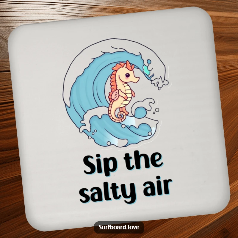 Funny cute seahorse with tiny legs riding a cresting wave, designed as a humorous drink coaster.