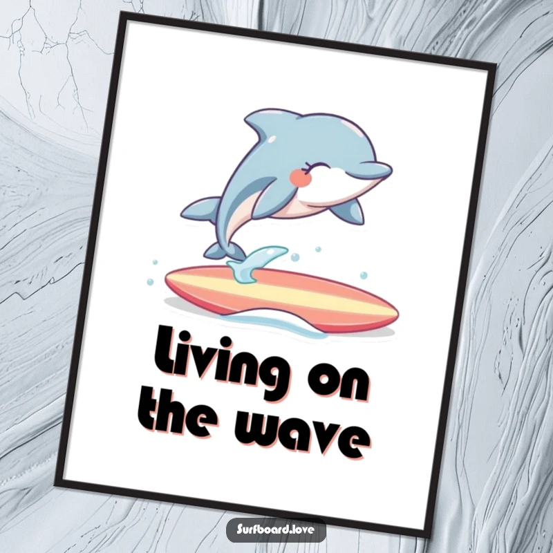Funny Poster: A cheerful dolphin with eyes closed leaps joyfully over a surfboard, a hilarious and vibrant piece of ocean art.