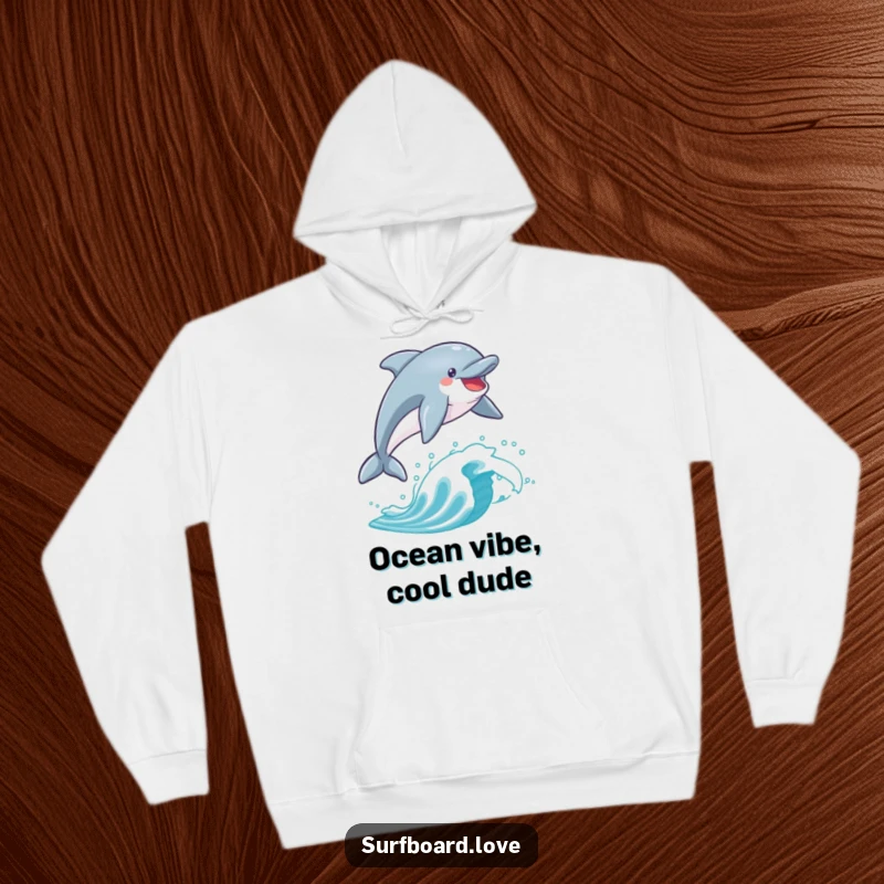 Funny dolphin soaring over a surfboard, radiating pure happiness. A warm and humorous hoodie for beach lovers.