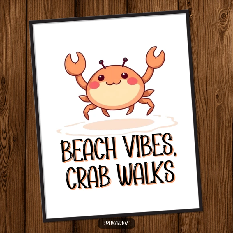 Free Printable Wall Art: A happy crab character with tiny legs playfully skips across the wet sand, charming downloadable beach art.
