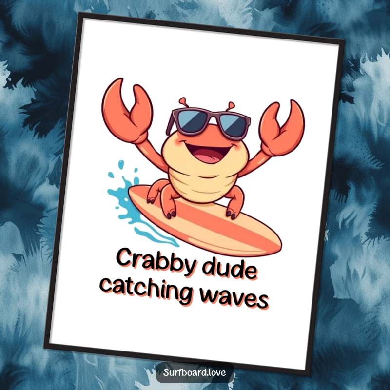 Funny free printable wall art: A happy crab wearing sunglasses joyfully rides a surfboard, embodying pure beachy excitement.