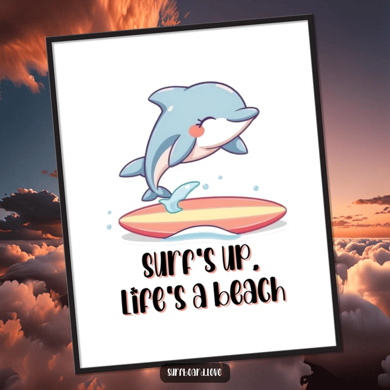 Funny Free Printable wall art: A cheerful dolphin with eyes closed executes a perfect aerial leap over a surfboard, radiating pure happiness.