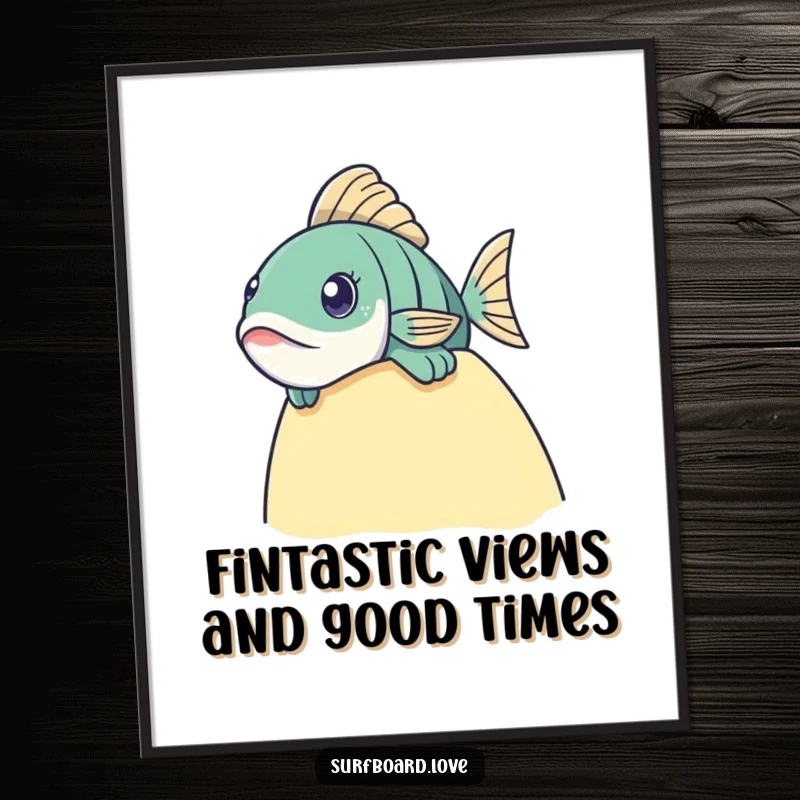 Funny Free Printable wall art depicting a curious fish peering over the edge of a surfboard. Playful underwater perspective.