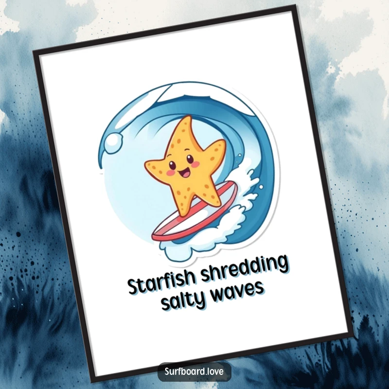 Funny free printable wall art: A cheerful starfish expertly rides a wave on a miniature surfboard, bringing beachy humor indoors.