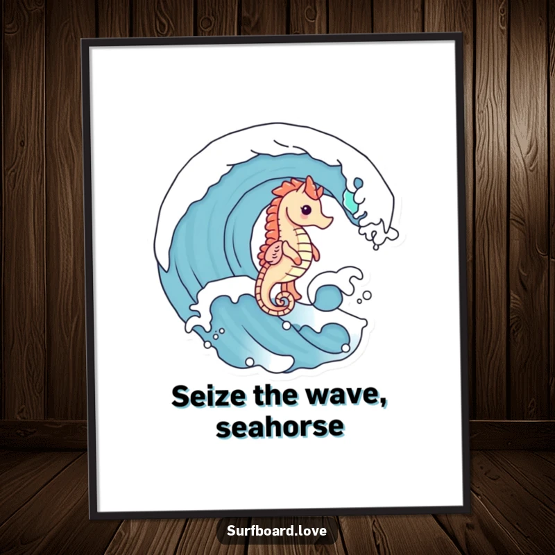 Free Printable Wall Art: A cute seahorse with tiny legs expertly rides a breaking wave, creating charming, downloadable ocean decor.