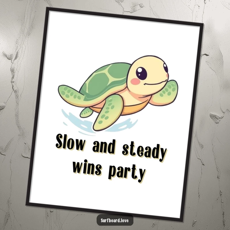 Funny Free Printable wall art: A playful sea turtle with determined flippers paddles rapidly, making a speedy journey towards the sandy shore.