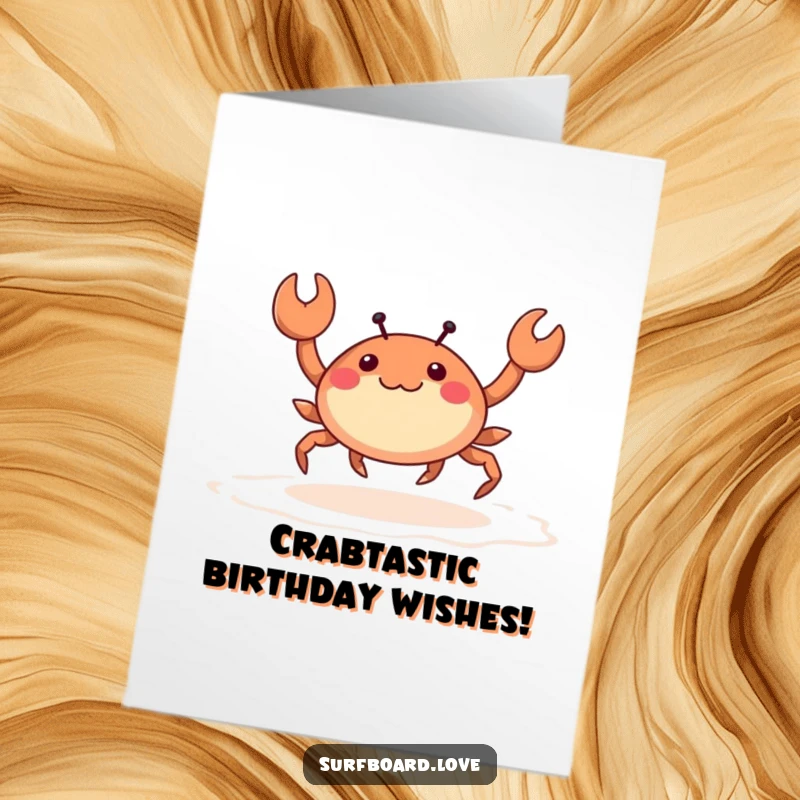 Free Printable Birthday Card: A happy crab with tiny legs energetically skips across wet sand, perfect for a fun DIY greeting.