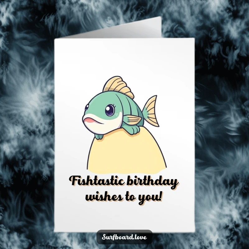 Funny Free Printable birthday card with a wide-eyed fish curiously peeking over the edge of a surfboard. Underwater observation.
