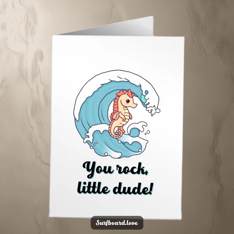 Free Printable Birthday Card: A cute seahorse with tiny legs joyfully surfs a big ocean wave, perfect for a fun DIY greeting.