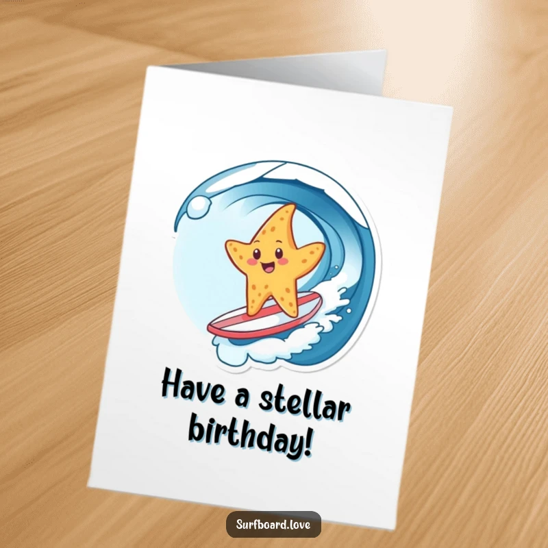 Funny free printable birthday card: A cheerful starfish rides a wave on a tiny surfboard, embodying birthday bliss and humor.