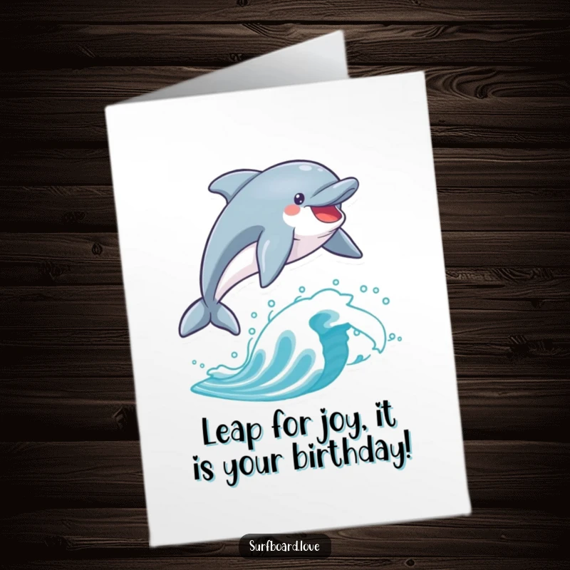 Funny Free Printable birthday card featuring a jubilant dolphin doing a massive leap over a surfboard. Ocean vibes and pure fun.
