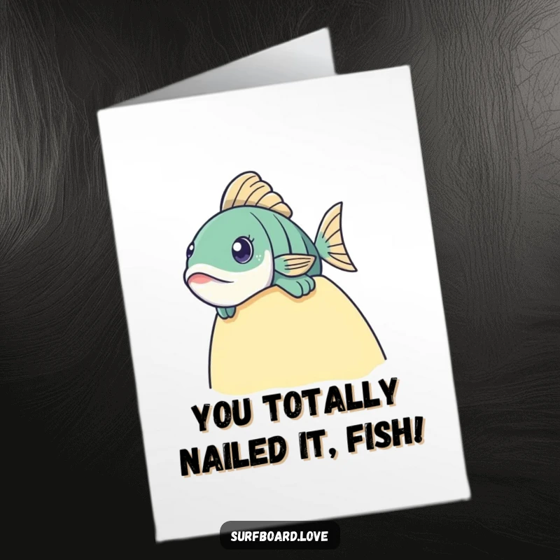 Funny Free Printable congratulations card featuring a fish with a curious expression peeking over a surfboard. Whimsical celebration.